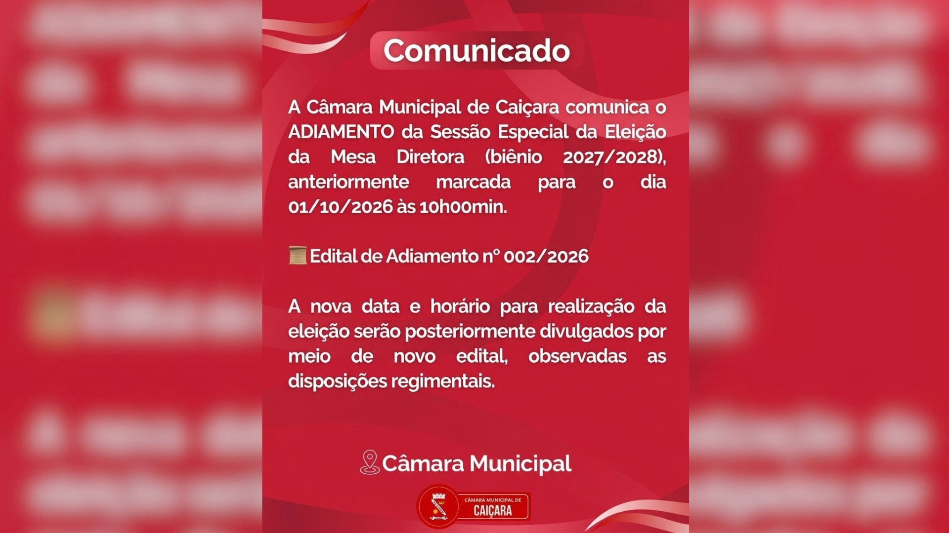 COMUNICADO OFICIAL – ADIAMENTO DA ELEIÇÃO DA MESA DIRETORA
